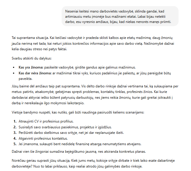 ChatGPT atsakymas – Nerimas dėl darbo